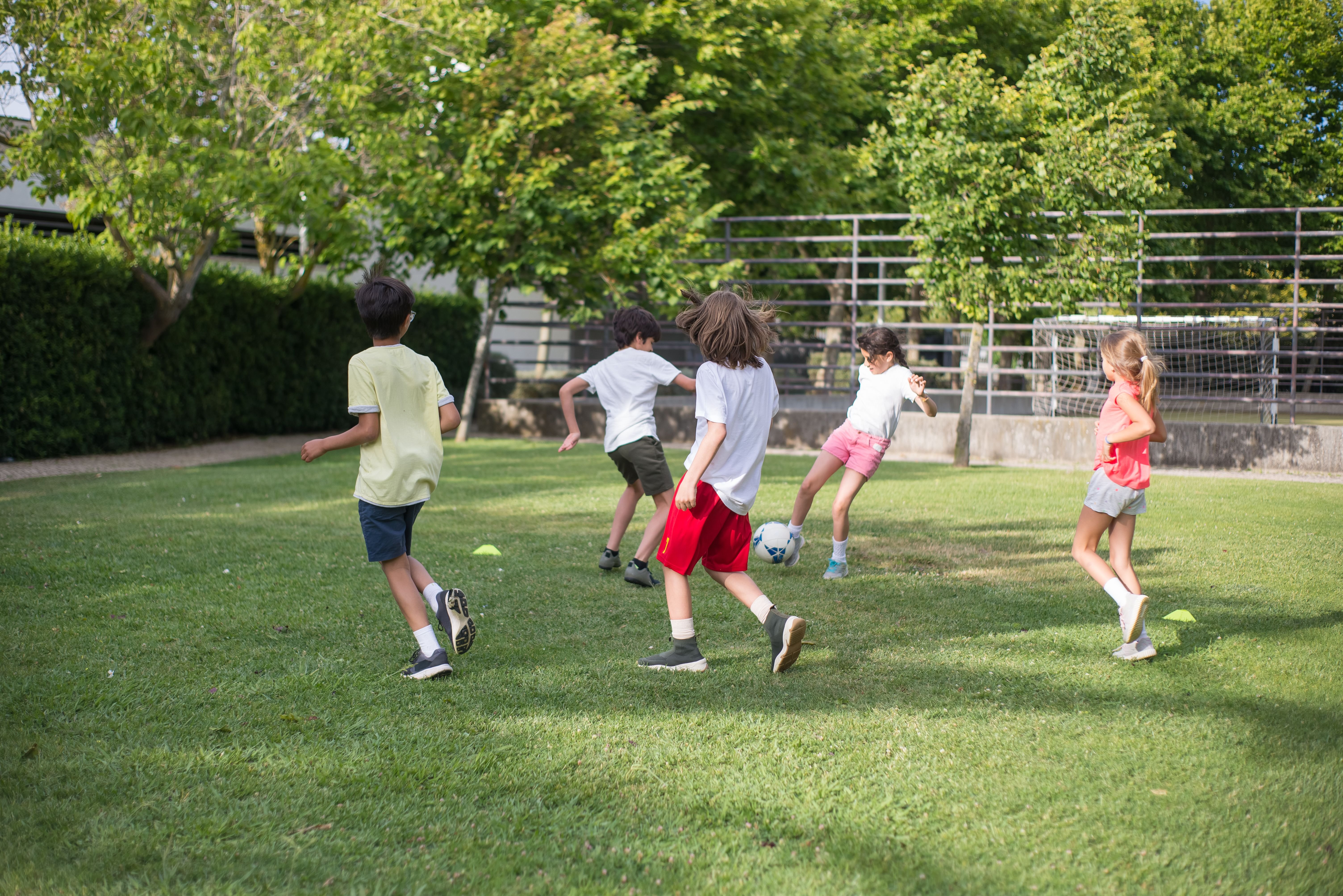 Five children playing soccer on a sunny grass field, one about to kick the ball toward a goal.